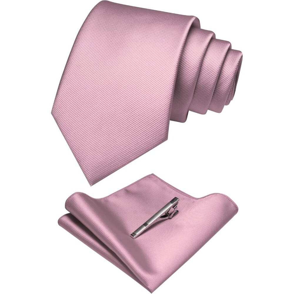 Men's Dusty Rose Colour Formal Necktie And Pocket Square Tie Clip Sets